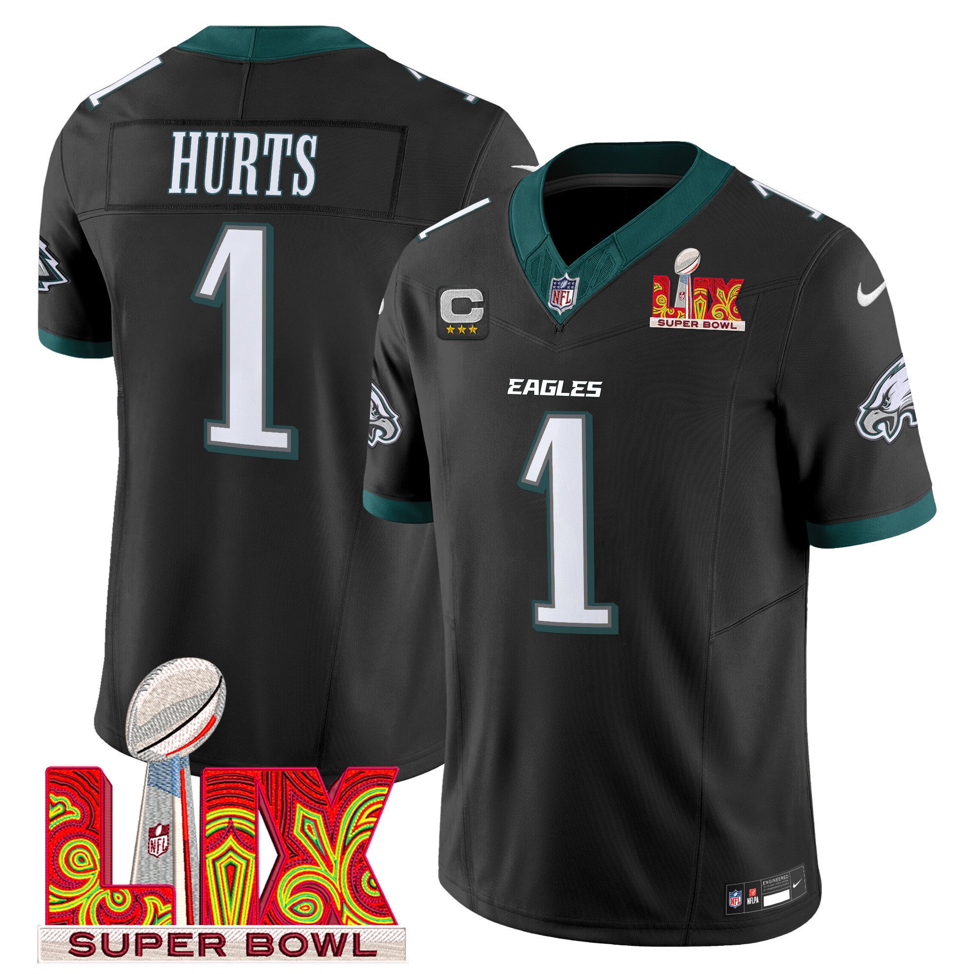 Jalen Hurts 1 Philadelphia Eagles Super Bowl Champions LIX Patch Vapor Limited Jersey - Black JS5438 Saliibo