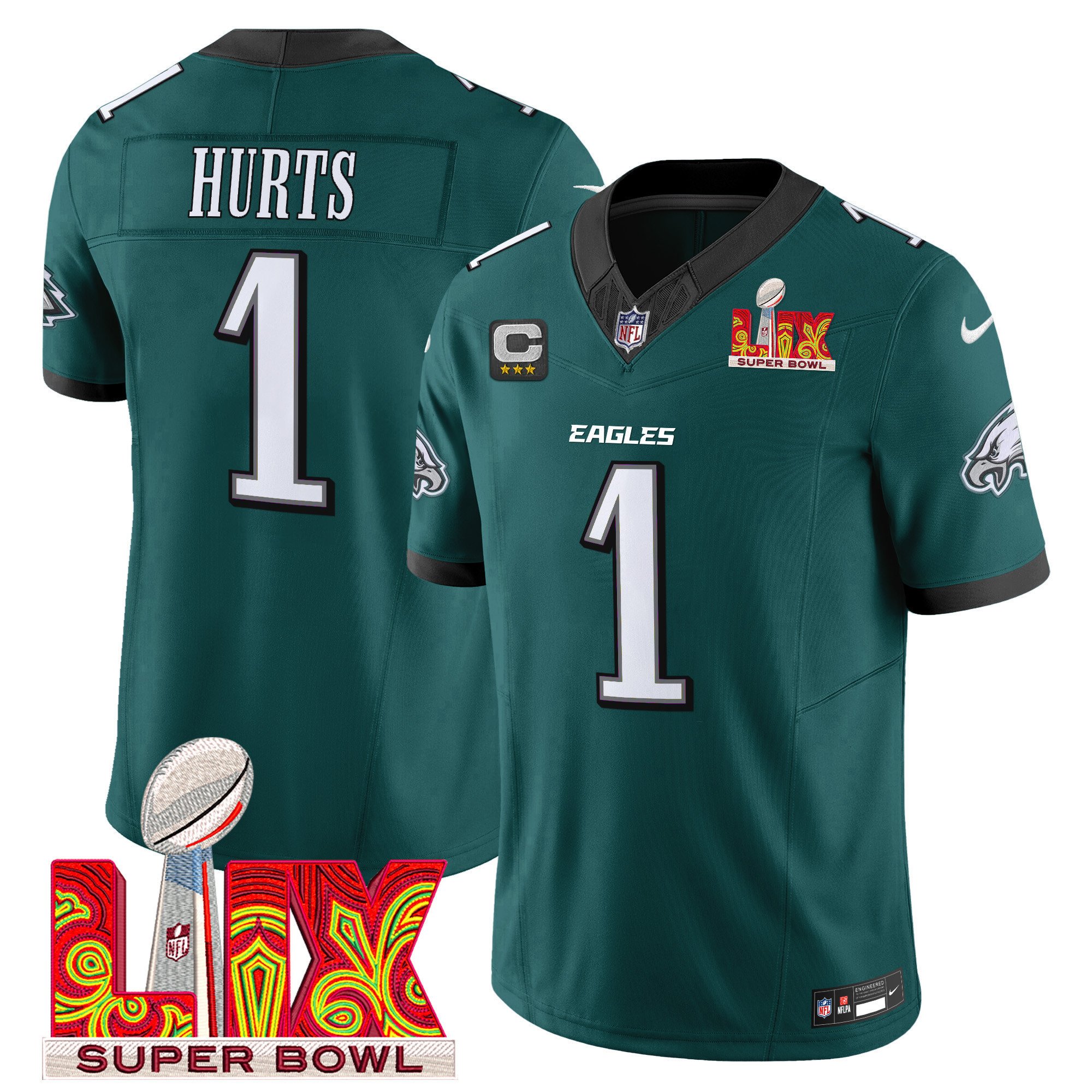 Jalen Hurts 1 Philadelphia Eagles Super Bowl Champions LIX Patch Vapor Limited Jersey - Midnight Green JS8682 Saliibo
