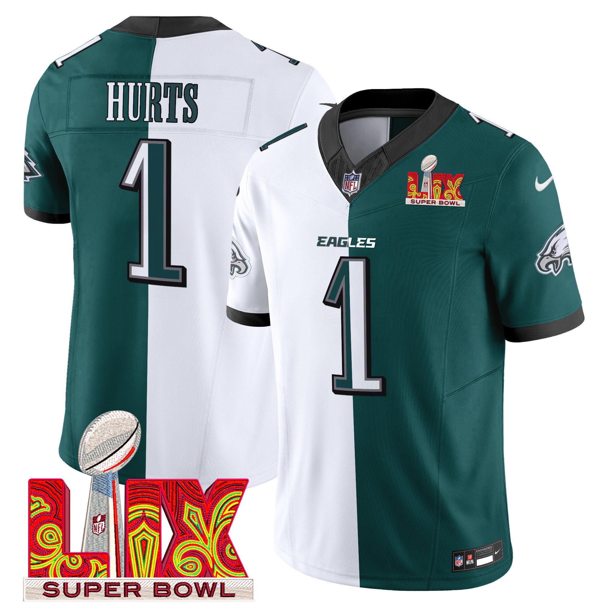 Jalen Hurts 1 Philadelphia Eagles Super Bowl Champions LIX Patch Vapor Limited Jersey - Split JS3763 Saliibo