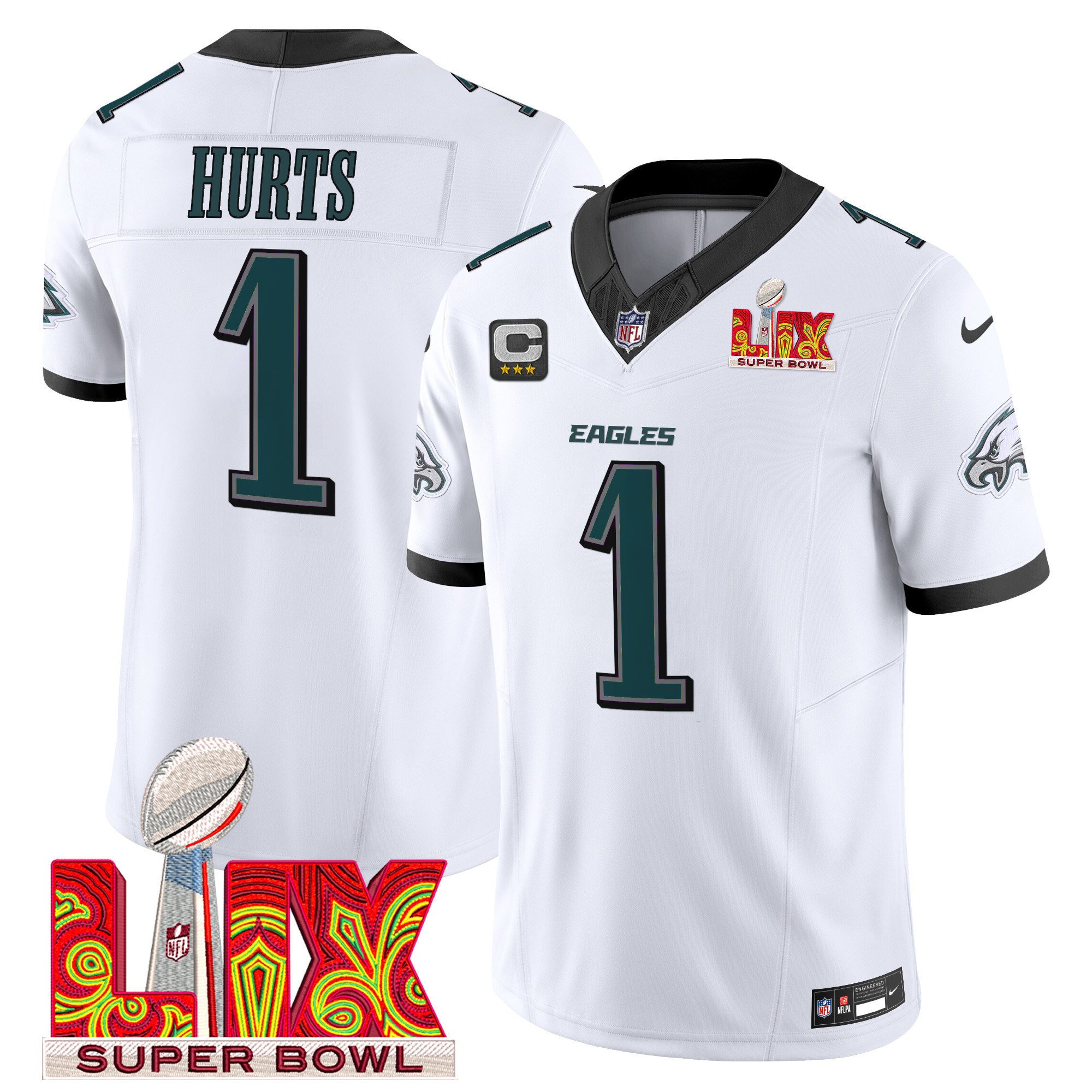 Jalen Hurts 1 Philadelphia Eagles Super Bowl Champions LIX Patch Vapor Limited Jersey - White JS3506 Saliibo