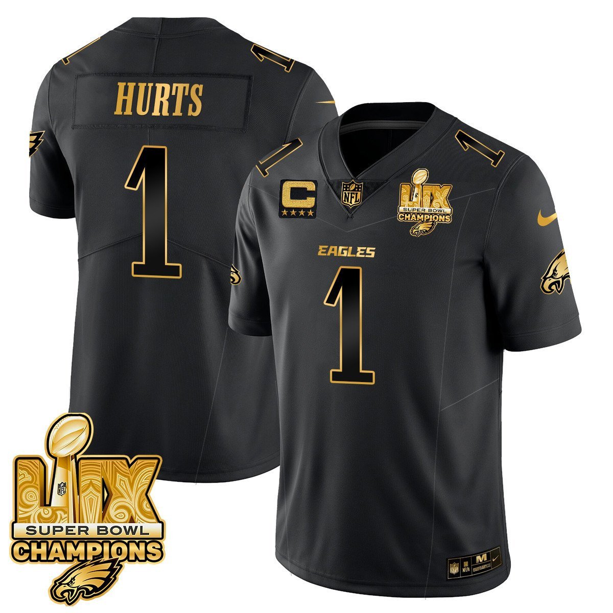 Jalen Hurts 1 Philadelphia Eagles Super Bowl LIX Champions Gold Vapor Limited Jersey - Black Gold JS1428 Saliibo