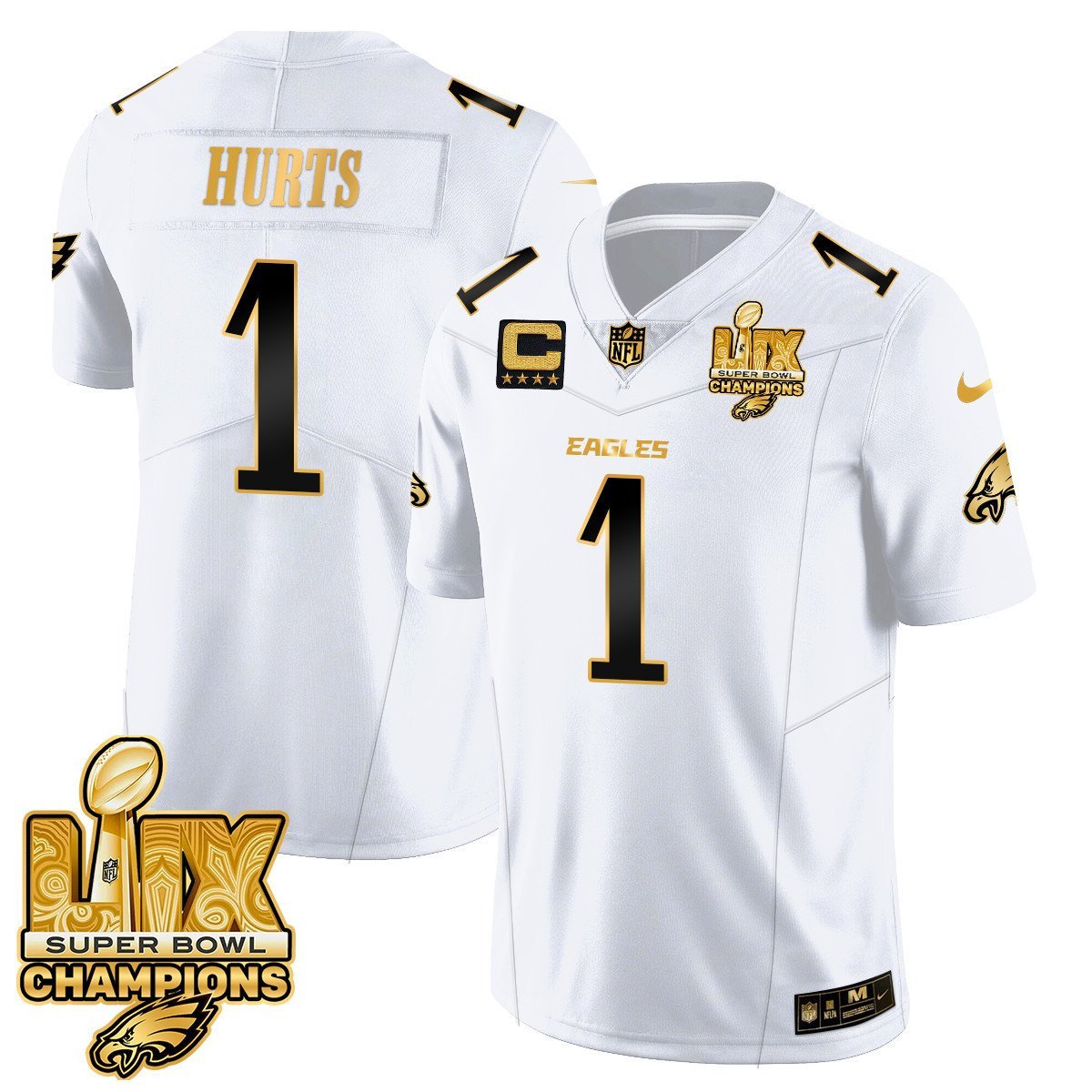 Jalen Hurts 1 Philadelphia Eagles Super Bowl LIX Champions Gold Vapor Limited Jersey - White Gold JS2866 Saliibo
