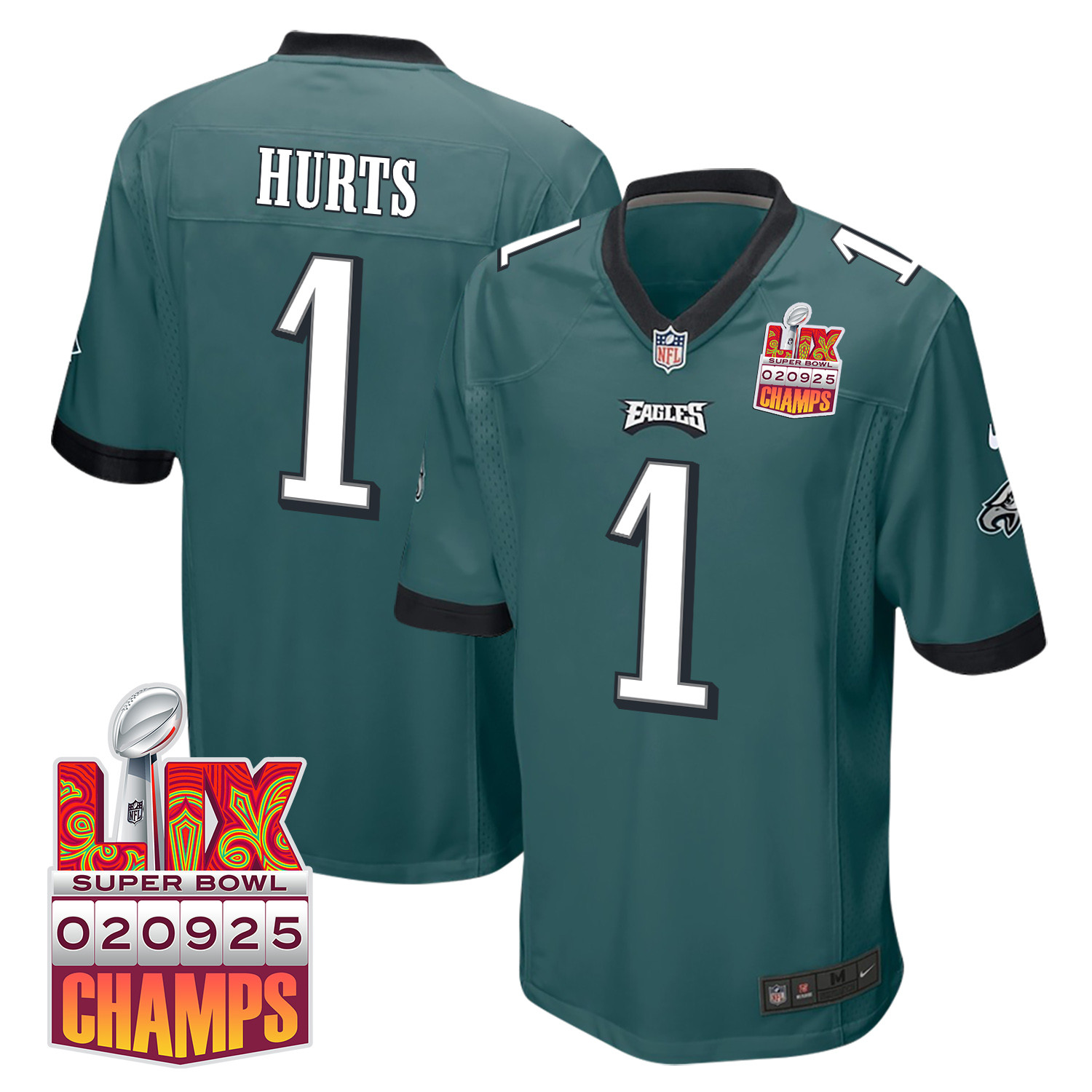 Jalen Hurts 1 Philadelphia Eagles Super Bowl LIX Champions Patch Game Men Jersey - Midnight Green JS8700 Saliibo