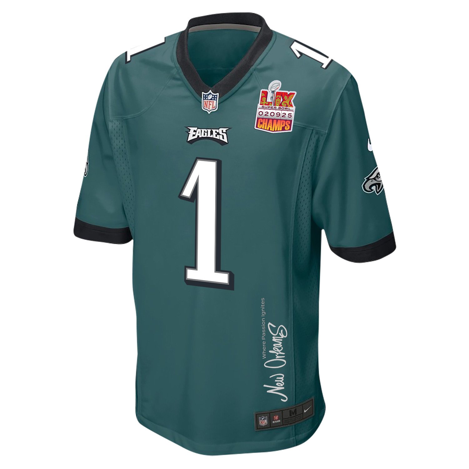Jalen Hurts 1 Philadelphia Eagles Super Bowl LIX Champions Patch 'New Orleans - Where Passion Ignites' EMBROIDERED Game Men Jersey - Midnight Green JS2512 Saliibo - Image 3