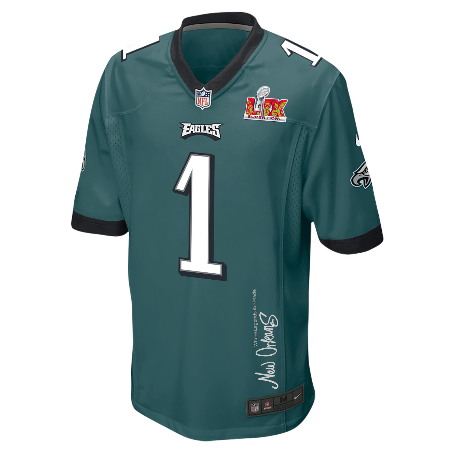 Jalen Hurts 1 Philadelphia Eagles Super Bowl LIX 'New Orleans - Where Legends Are Made' EMBROIDERED Game Men Jersey - Midnight Green JS7792 Saliibo - Image 3