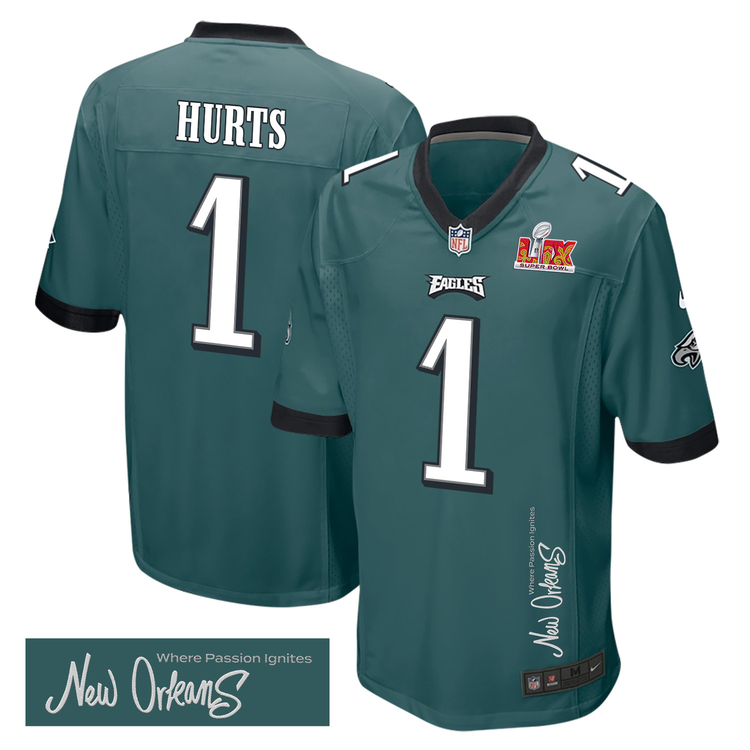 Jalen Hurts 1 Philadelphia Eagles Super Bowl LIX 'New Orleans - Where Passion Ignites' EMBROIDERED Game Men Jersey - Midnight Green JS8491 Saliibo
