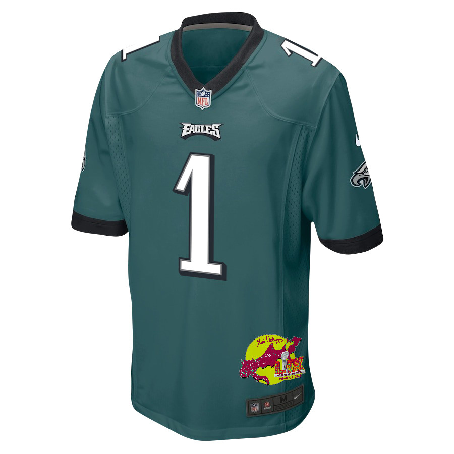 Jalen Hurts 1 Philadelphia Eagles Super Bowl LIX New Orleans Patch Game Men Jersey - Midnight Green JS2017 Saliibo - Image 3