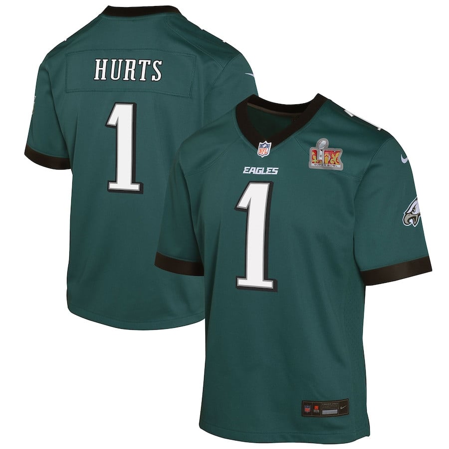 Jalen Hurts 1 Philadelphia Eagles Youth Super Bowl LIX Game Player Jersey - Midnight Green JS7391 Saliibo
