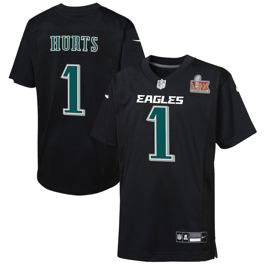 Jalen Hurts 1 Philadelphia Eagles Youth Super Bowl LIX Patch Fashion Game Player Jersey - Carbon Black JS2068 Saliibo