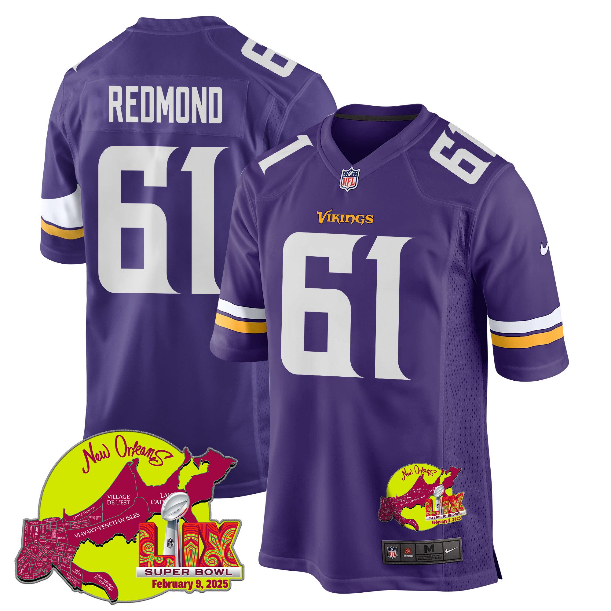 Jalen Redmond 61 Minnesota Vikings Super Bowl LIX New Orleans Patch Game Men Jersey - Purple JS4371 Saliibo