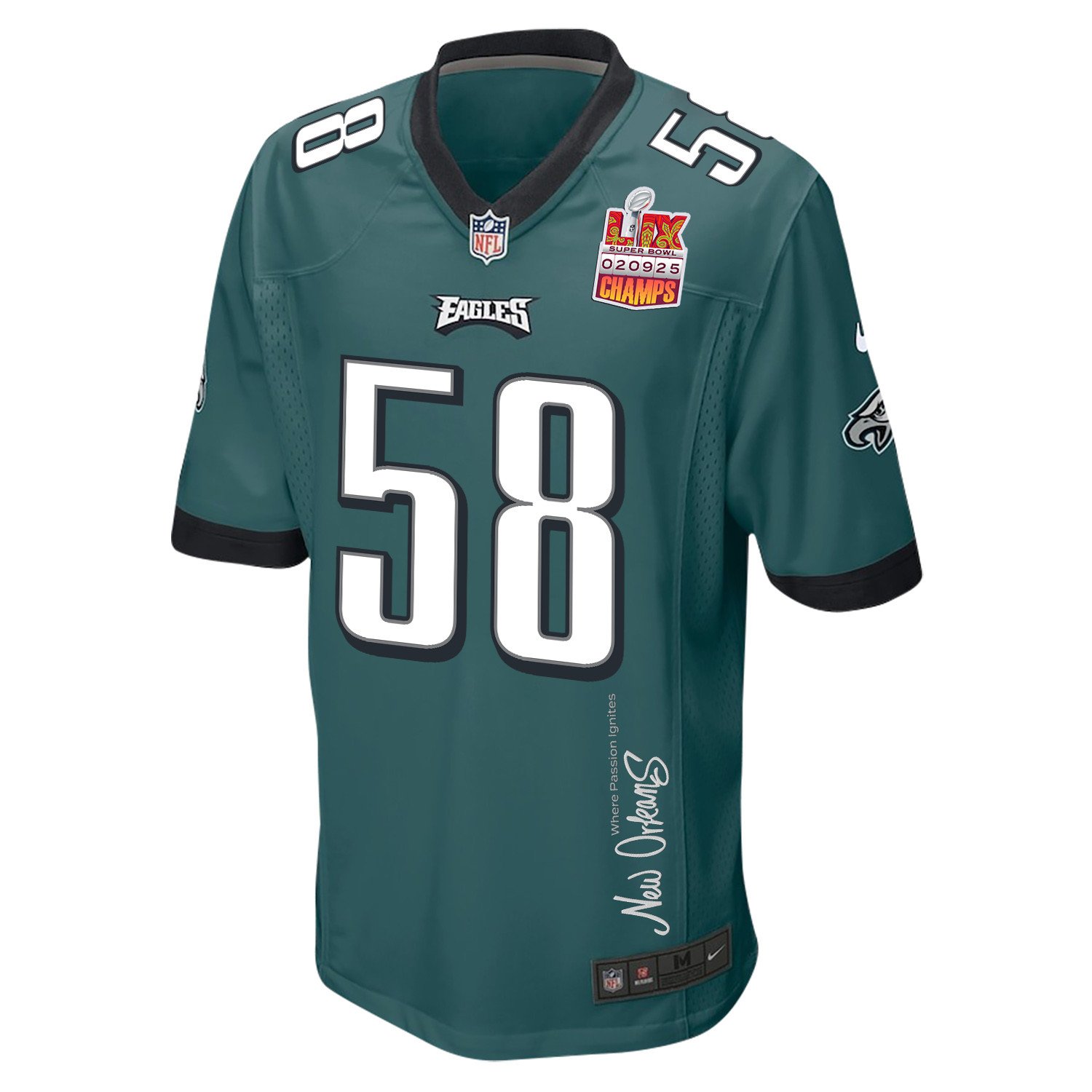Jalyx Hunt 58 Philadelphia Eagles Super Bowl LIX Champions Patch 'New Orleans - Where Passion Ignites' EMBROIDERED Game Men Jersey - Midnight Green JS7858 Saliibo - Image 3