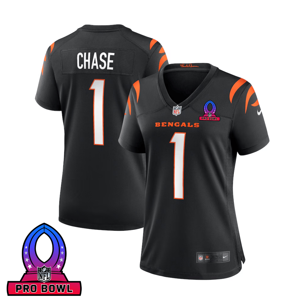 Ja'Marr Chase 1 Cincinnati Bengals 2025 Pro Bowl Patch Women Game Jersey - Black JS2512 Saliibo