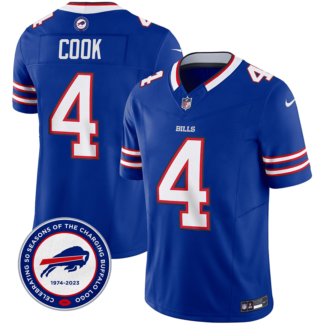 James Cook 4 Buffalo Bills 50th Charging Logo Patch Game Men Jersey - Royal JS9975 Saliibo