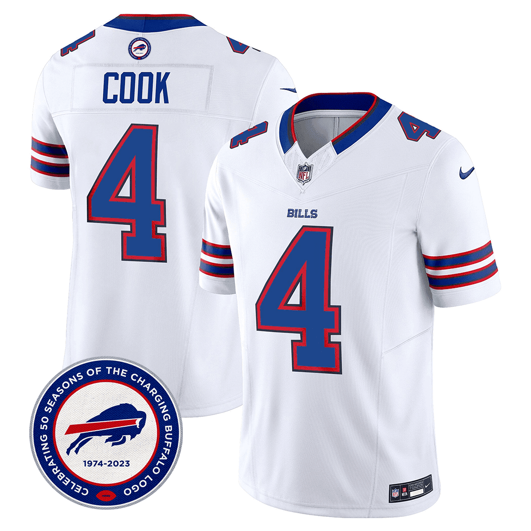 James Cook 4 Buffalo Bills 50th Charging Logo Patch Game Men Jersey - White JS7048 Saliibo