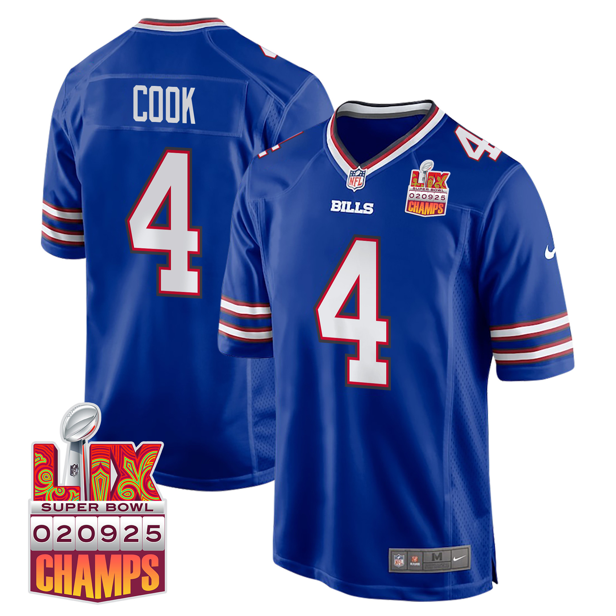 James Cook 4 Buffalo Bills Super Bowl LIX Champions Patch Game Men Jersey - Royal JS8733 Saliibo