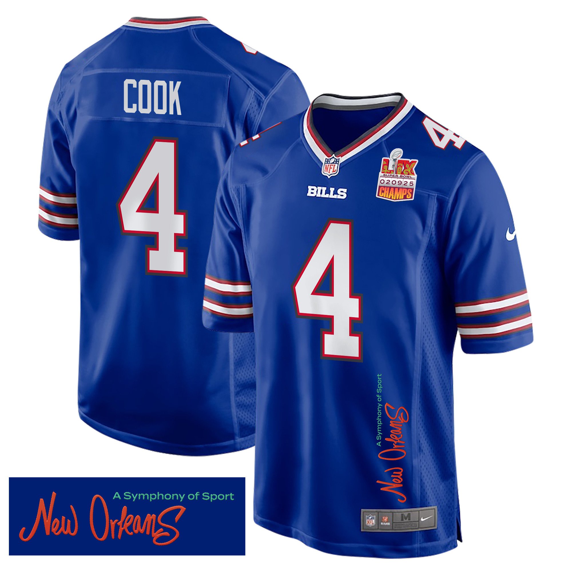 James Cook 4 Buffalo Bills Super Bowl LIX Champions Patch 'New Orleans - A Symphony of Sport' EMBROIDERED Game Men Jersey - Royal JS4660 Saliibo