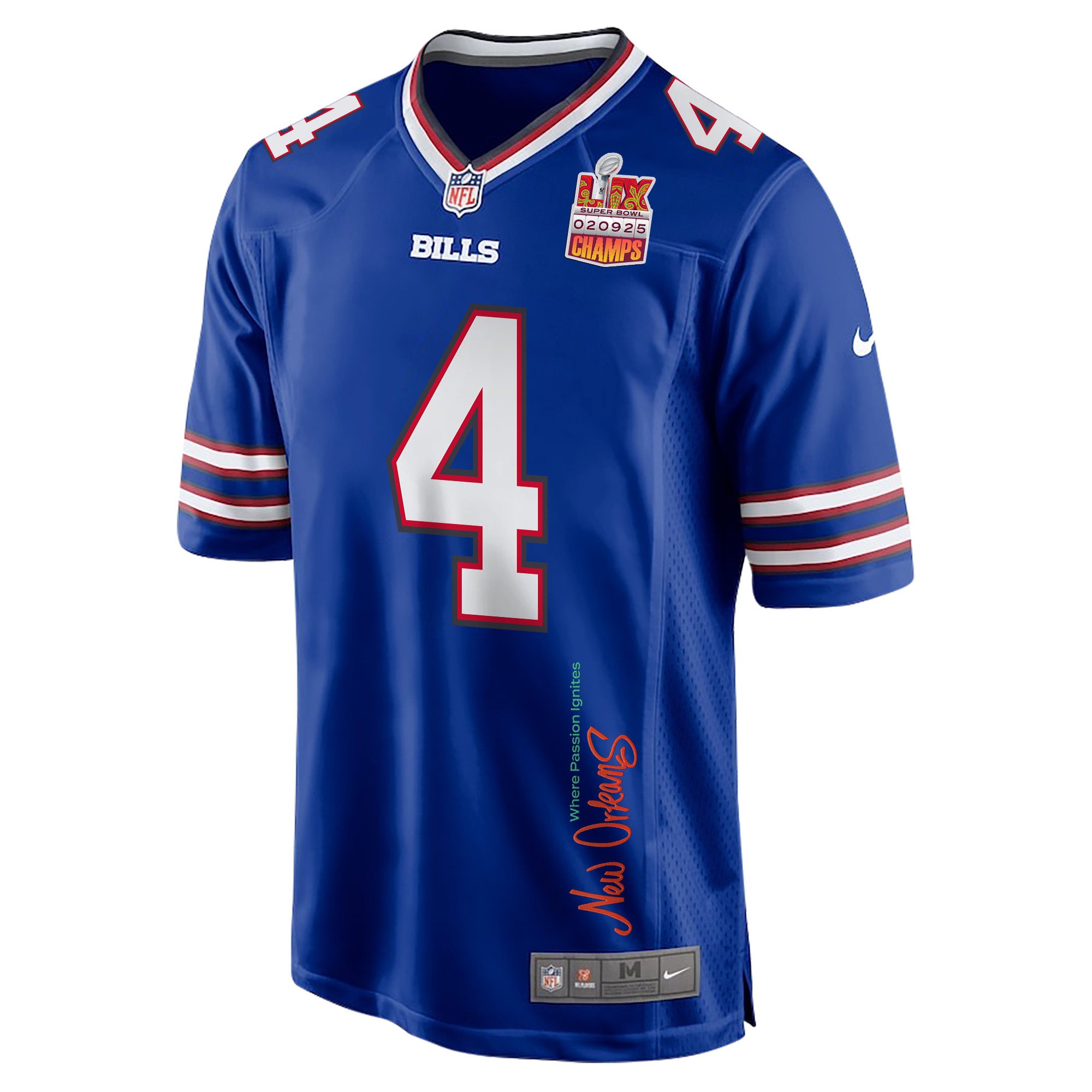 James Cook 4 Buffalo Bills Super Bowl LIX Champions Patch 'New Orleans - Where Passion Ignites' EMBROIDERED Game Men Jersey - Royal JS9070 Saliibo - Image 3