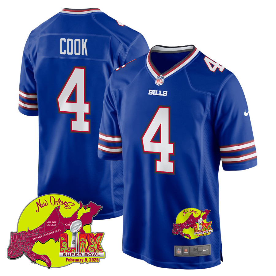 James Cook 4 Buffalo Bills Super Bowl LIX New Orleans Patch Game Men Jersey - Royal JS8021 Saliibo