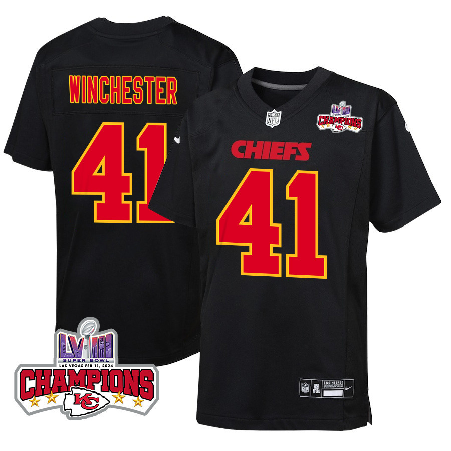 James Winchester 41 Kansas City Chiefs Super Bowl LVIII Champions 4 Stars Patch Fashion Game YOUTH Jersey - Carbon Black JS7103 Saliibo
