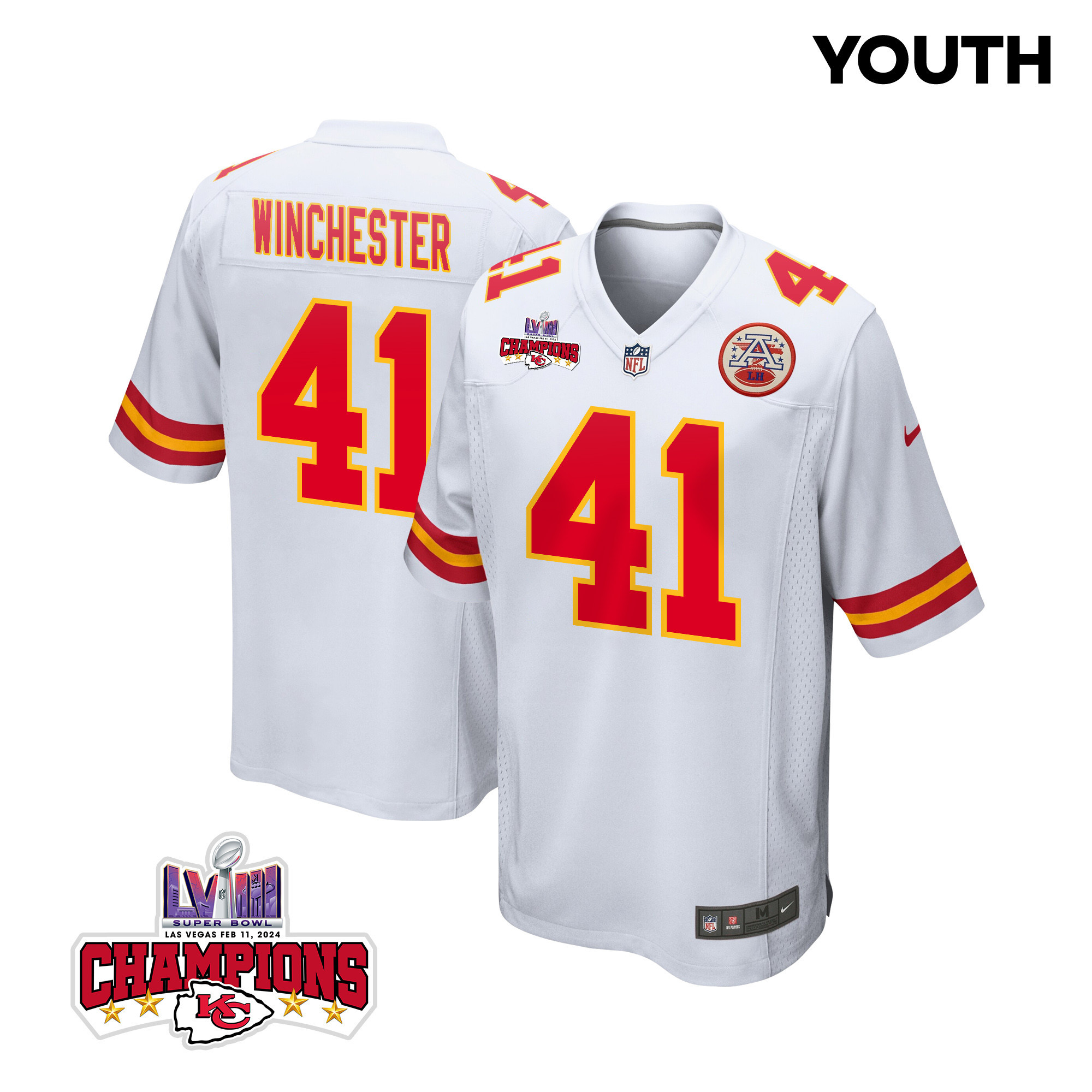 James Winchester 41 Kansas City Chiefs Super Bowl LVIII Champions 4 Stars Patch Game YOUTH Jersey - White JS3210 Saliibo