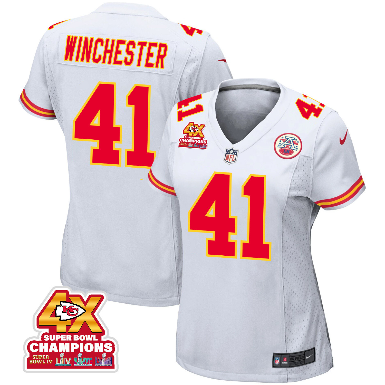 James Winchester 41 Kansas City Chiefs Super Bowl LVIII Champions 4X Game Women Jersey - White JS4589 Saliibo