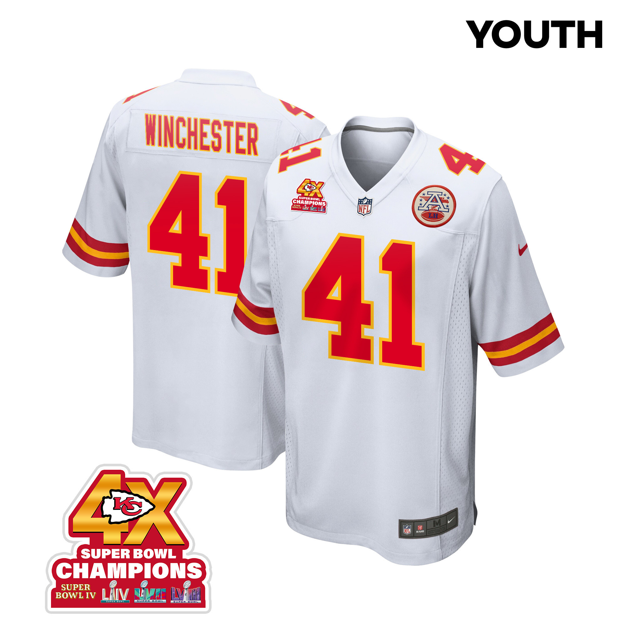 James Winchester 41 Kansas City Chiefs Super Bowl LVIII Champions 4X Game YOUTH Jersey - White JS3755 Saliibo