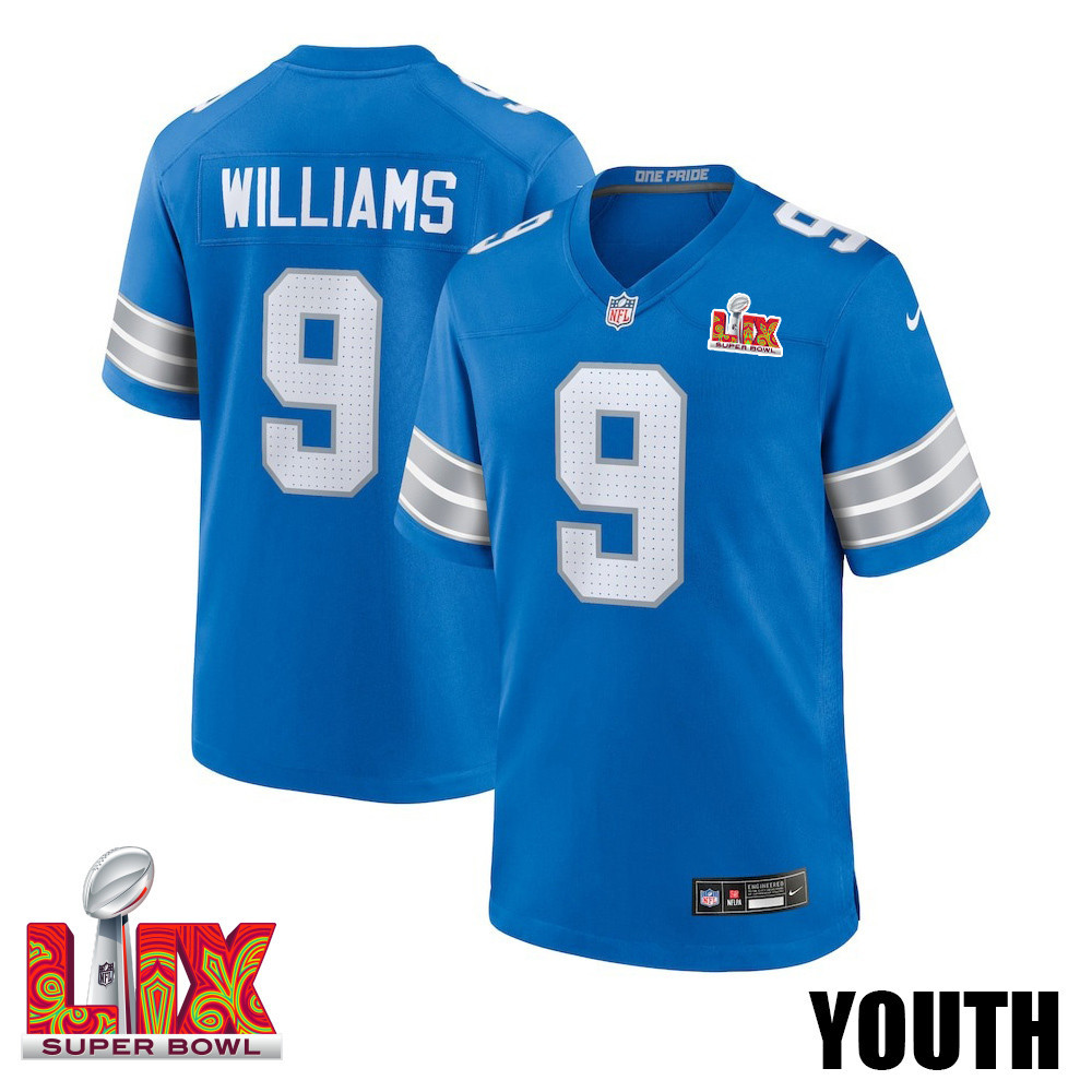 Jameson Williams #9 Detroit Lions Super Bowl LIX YOUTH Jersey - Blue JS9614 Saliibo