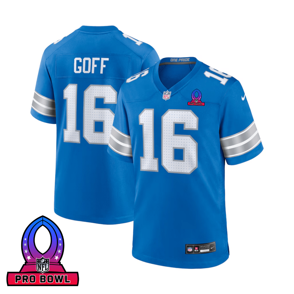 Jared Goff 16 Detroit Lions 2025 Pro Bowl Patch Game Men Jersey - Blue JS9577 Saliibo