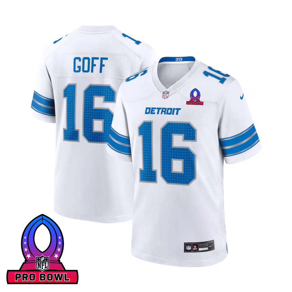 Jared Goff 16 Detroit Lions 2025 Pro Bowl Patch Game Men Jersey - White JS3094 Saliibo