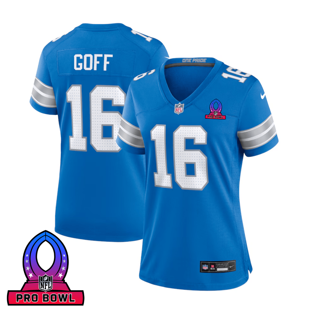 Jared Goff 16 Detroit Lions 2025 Pro Bowl Patch Women Game Jersey - Blue JS5722 Saliibo