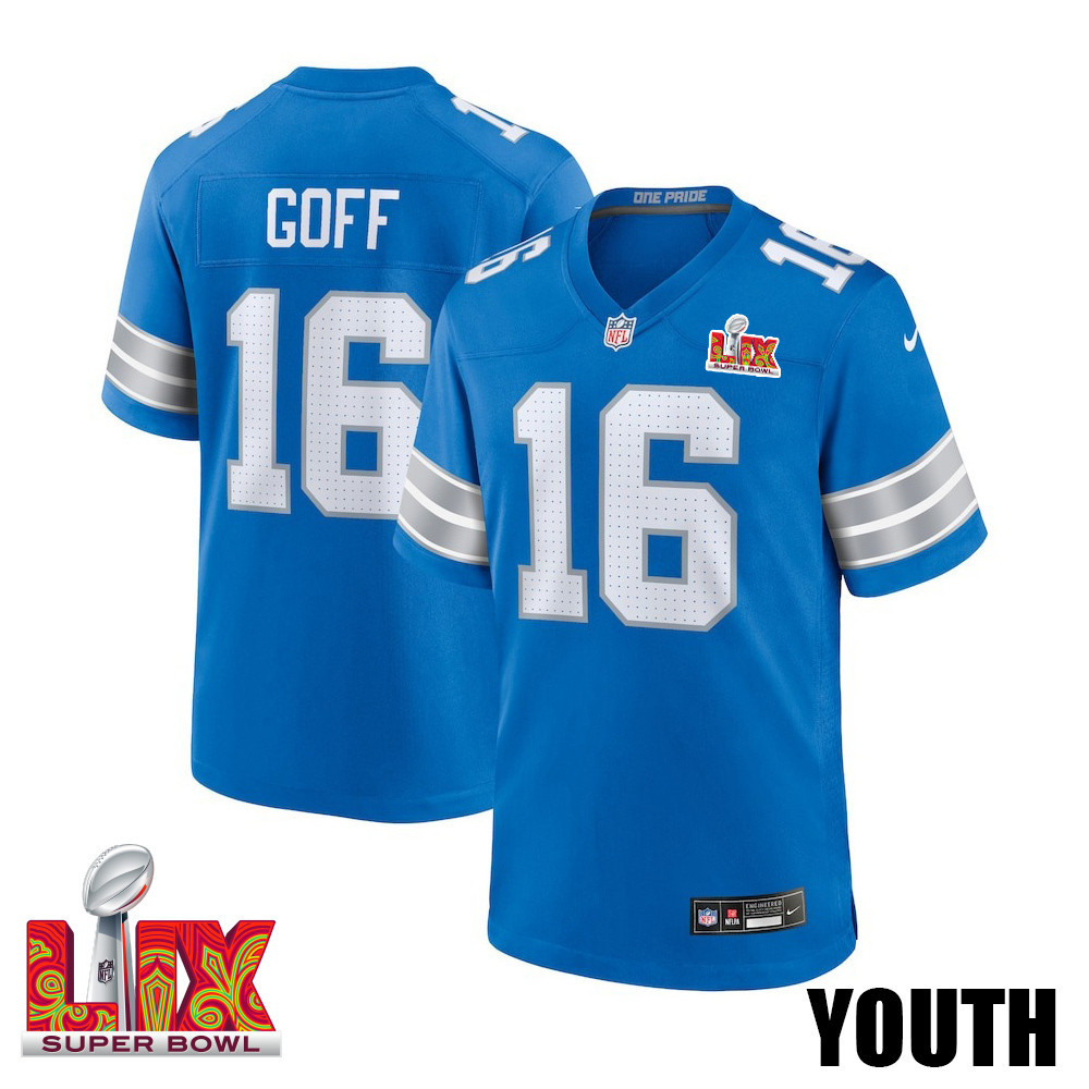 Jared Goff #16 Detroit Lions Super Bowl LIX YOUTH Jersey - Blue JS7506 Saliibo