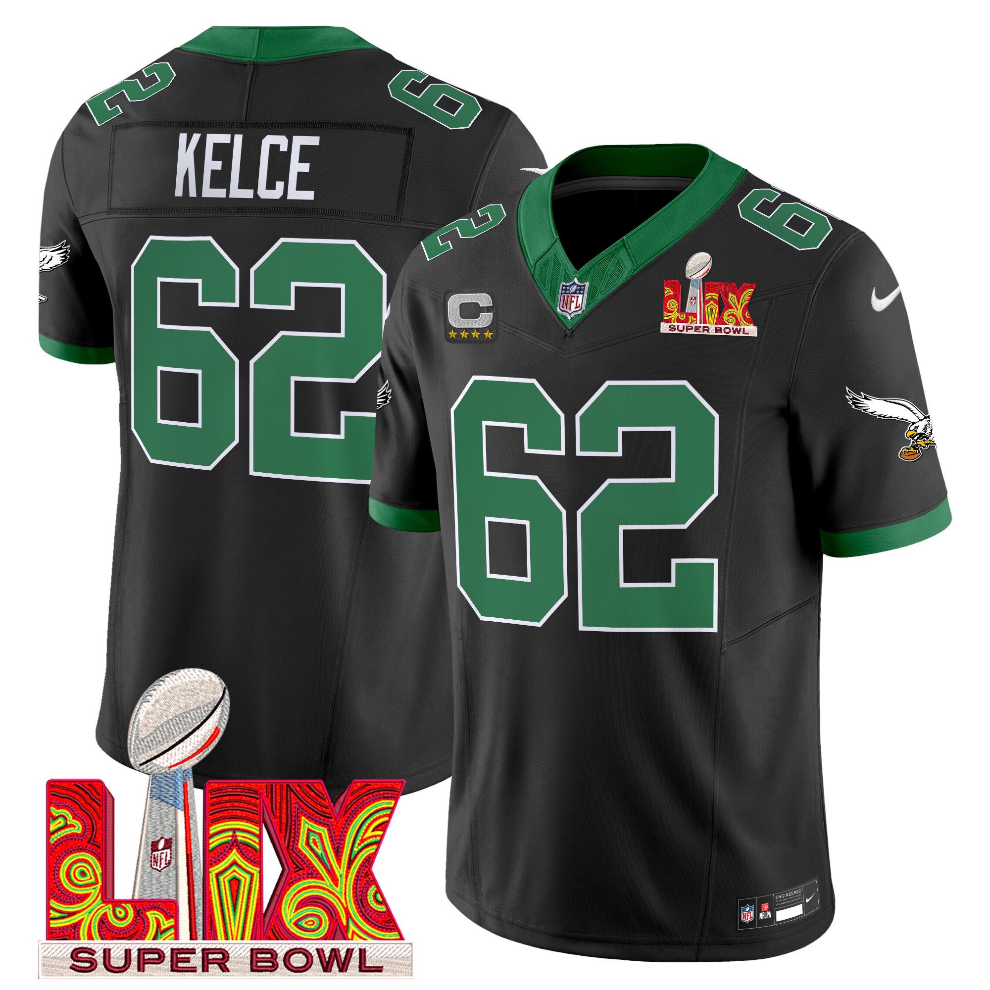 Jason Kelce 62 Philadelphia Eagles Kelly Green Super Bowl Champions LIX Patch Vapor Limited Jersey - Black JS8084 Saliibo