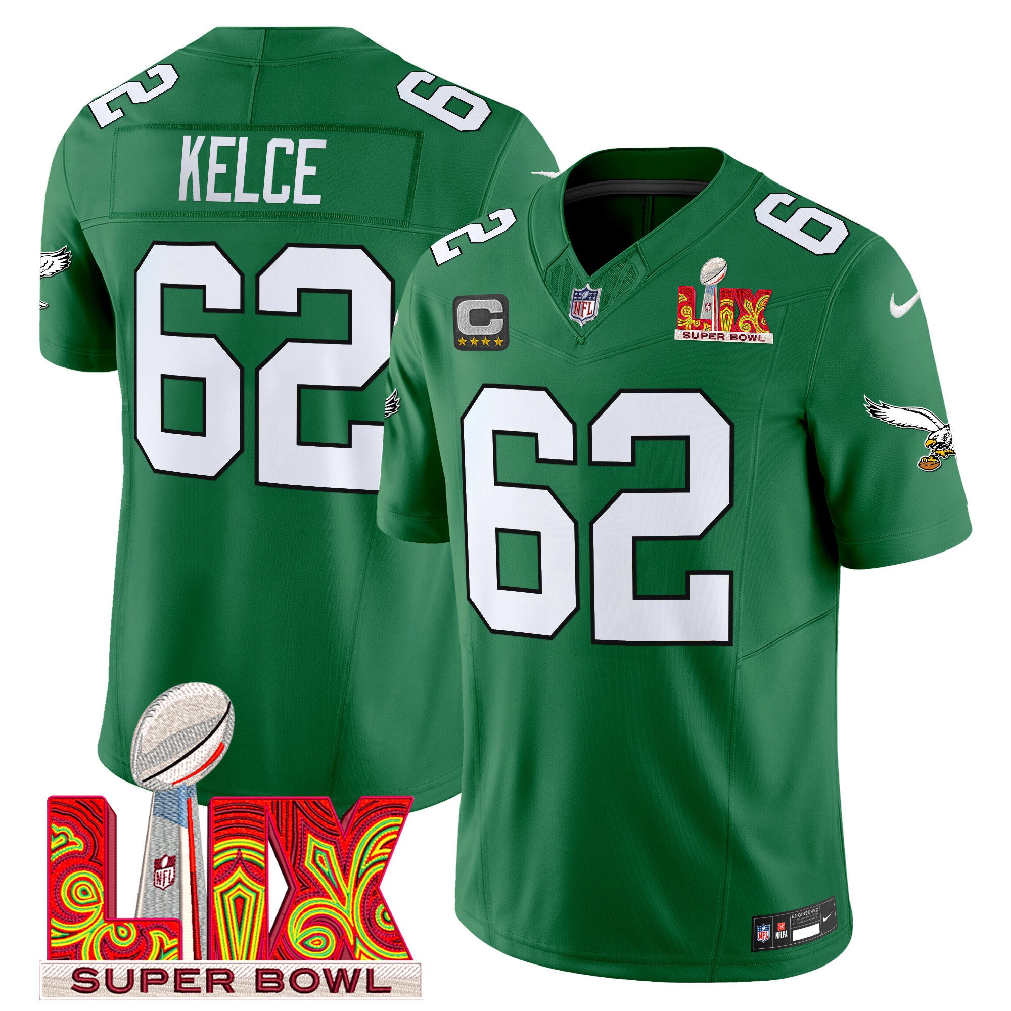 Jason Kelce 62 Philadelphia Eagles Kelly Green Super Bowl Champions LIX Patch Vapor Limited Jersey - Kelly Green JS2135 Saliibo