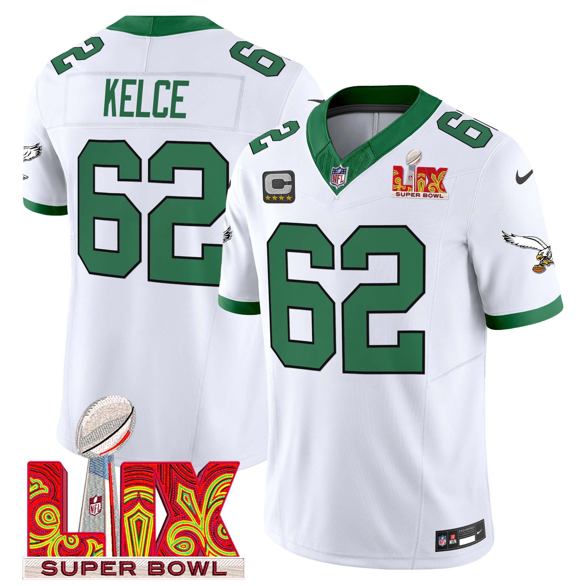 Jason Kelce 62 Philadelphia Eagles Kelly Green Super Bowl Champions LIX Patch Vapor Limited Jersey - White JS3797 Saliibo