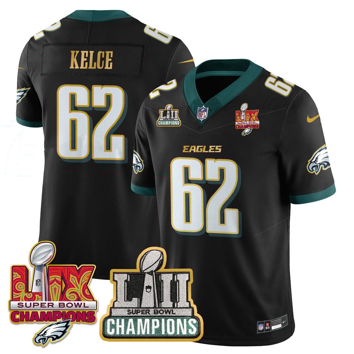 Jason Kelce 62 Philadelphia Eagles LII-LIX Super Bowl Champions Vapor Limited Gold Jersey - Black JS3061 Saliibo