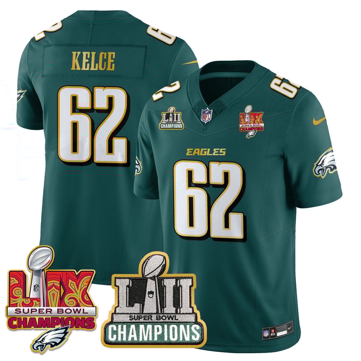 Jason Kelce 62 Philadelphia Eagles LII-LIX Super Bowl Champions Vapor Limited Gold Jersey - Midnight Green JS9121 Saliibo