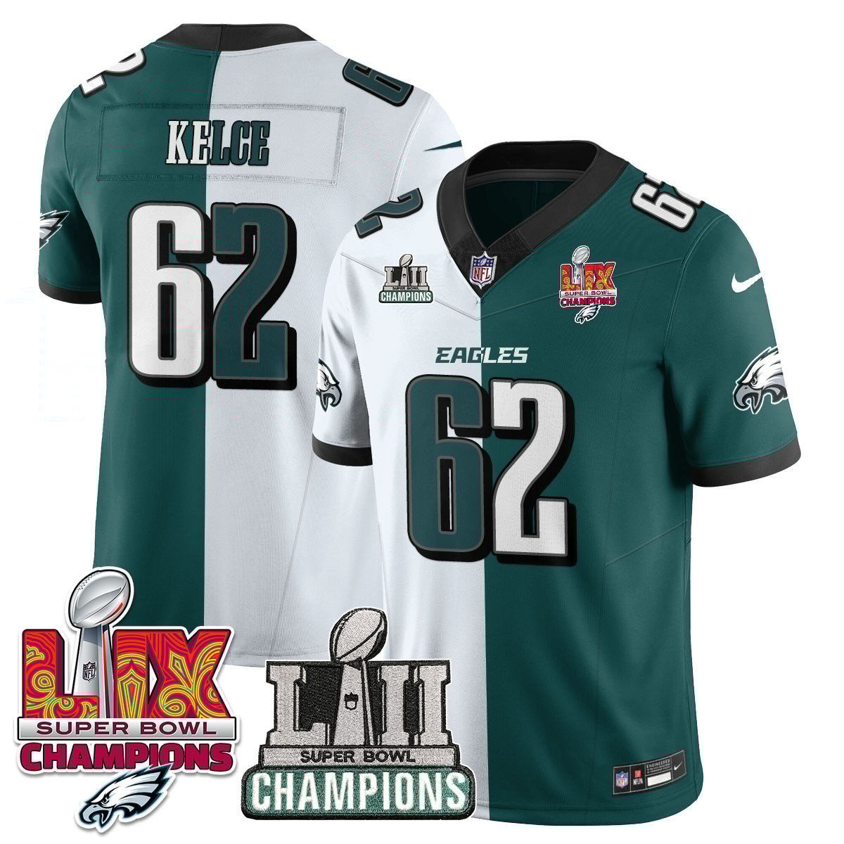 Jason Kelce 62 Philadelphia Eagles LII-LIX Super Bowl Champions Vapor Limited Jersey - Split JS7115 Saliibo