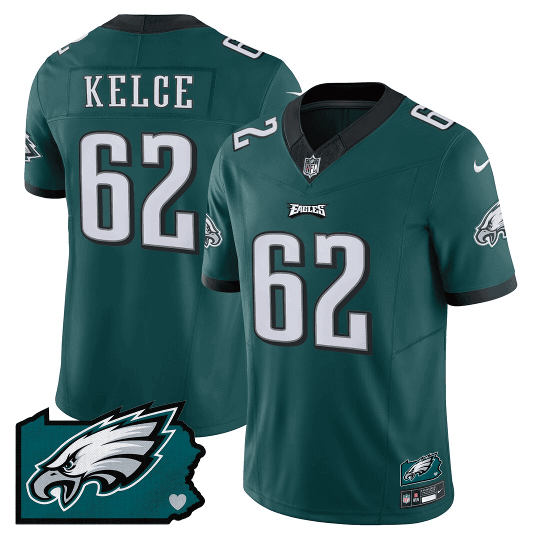 Jason Kelce 62 Philadelphia Eagles Pennsylvania State Map Patch Game Men Jersey - Midnight Green JS7026 Saliibo