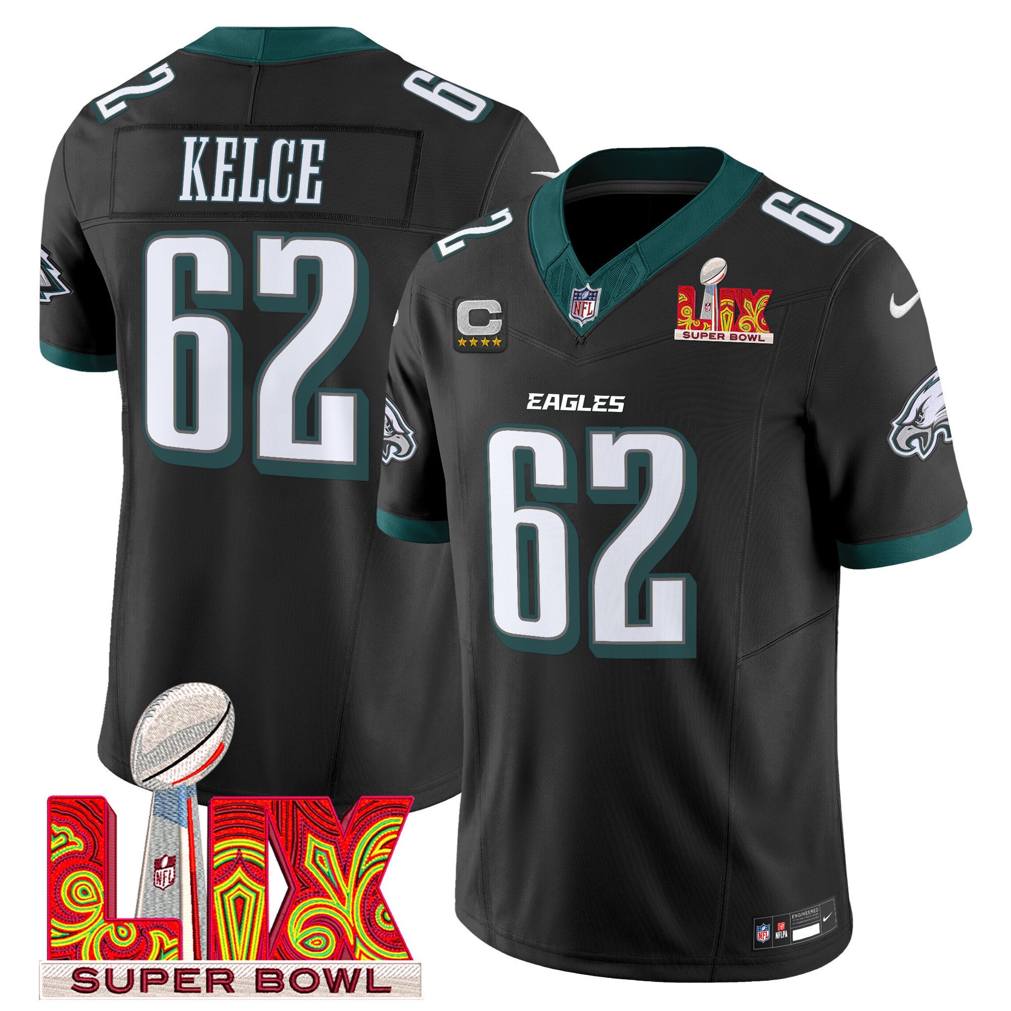 Jason Kelce 62 Philadelphia Eagles Super Bowl Champions LIX Patch Vapor Limited Jersey - Black JS1321 Saliibo