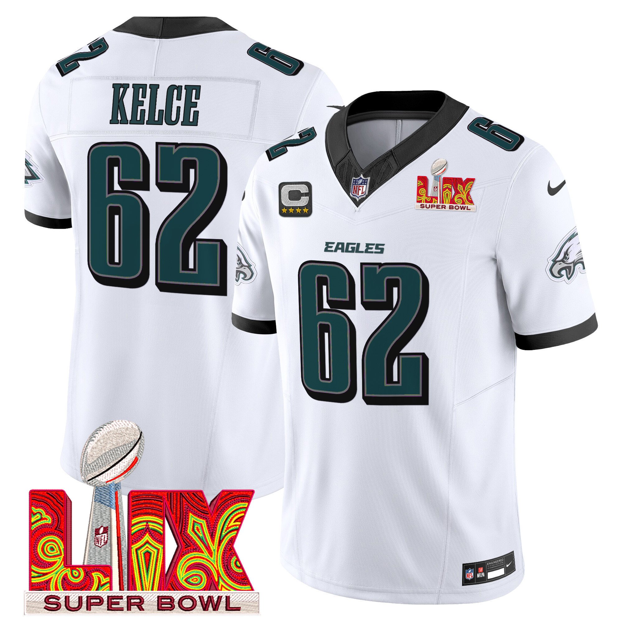 Jason Kelce 62 Philadelphia Eagles Super Bowl Champions LIX Patch Vapor Limited Jersey - White JS5911 Saliibo