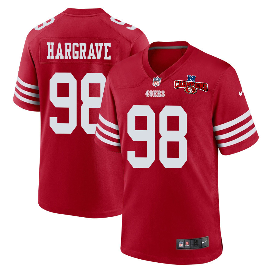 Javon Hargrave 98 San Francisco 49ers NFC Champions Patch Game Men Jersey - Scarlet JS1973 Saliibo