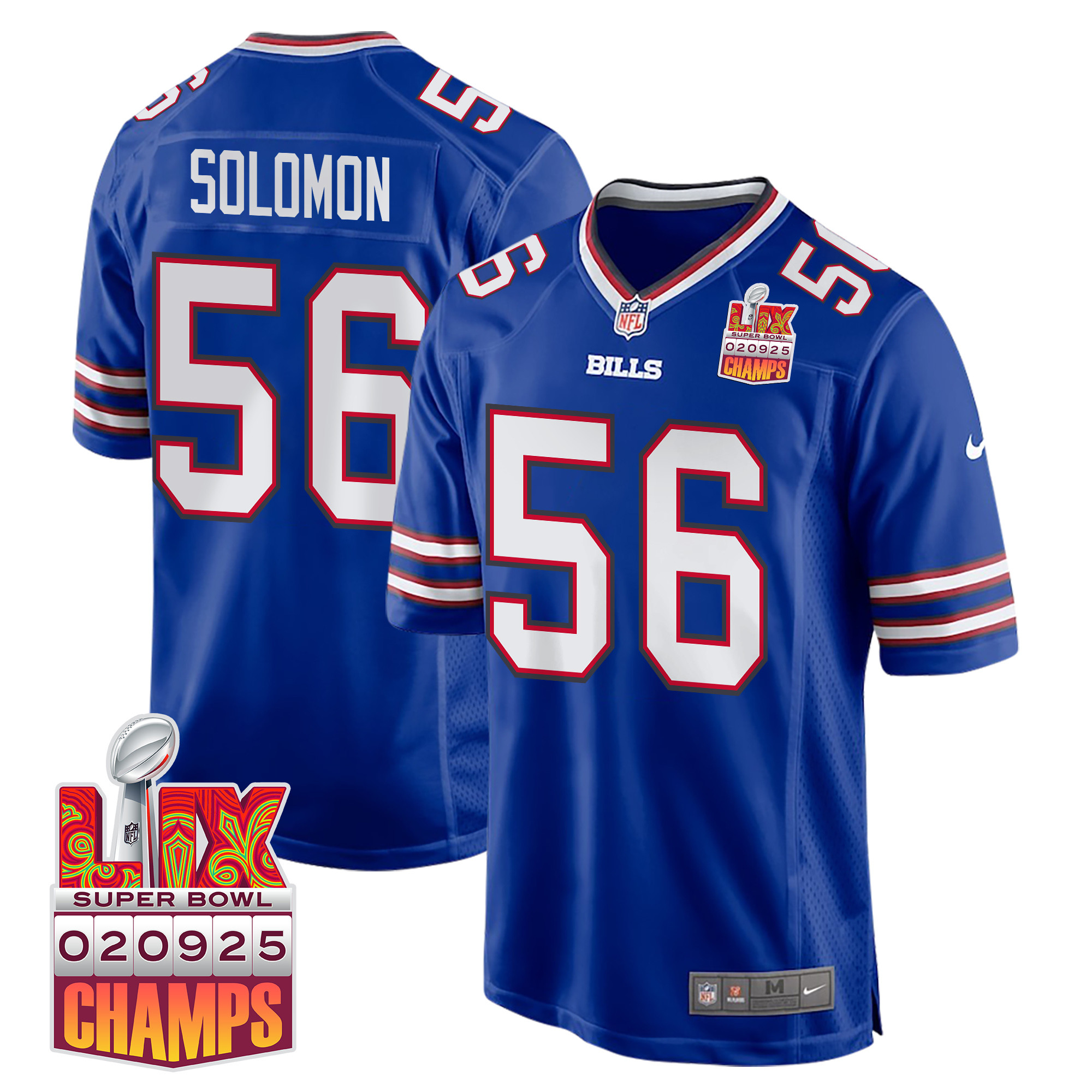 Javon Solomon 56 Buffalo Bills Super Bowl LIX Champions Patch Game Men Jersey - Royal JS3899 Saliibo