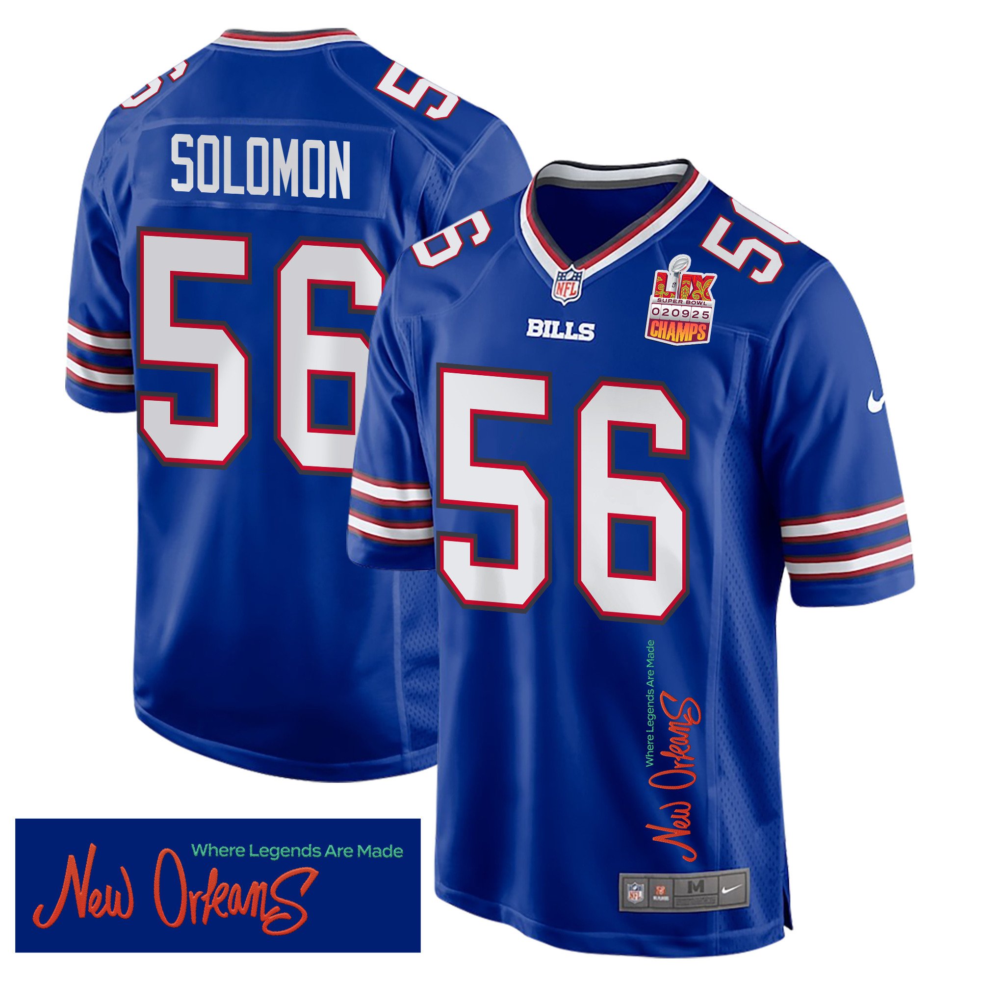 Javon Solomon 56 Buffalo Bills Super Bowl LIX Champions Patch 'New Orleans - Where Legends Are Made' EMBROIDERED Game Men Jersey - Royal JS4537 Saliibo