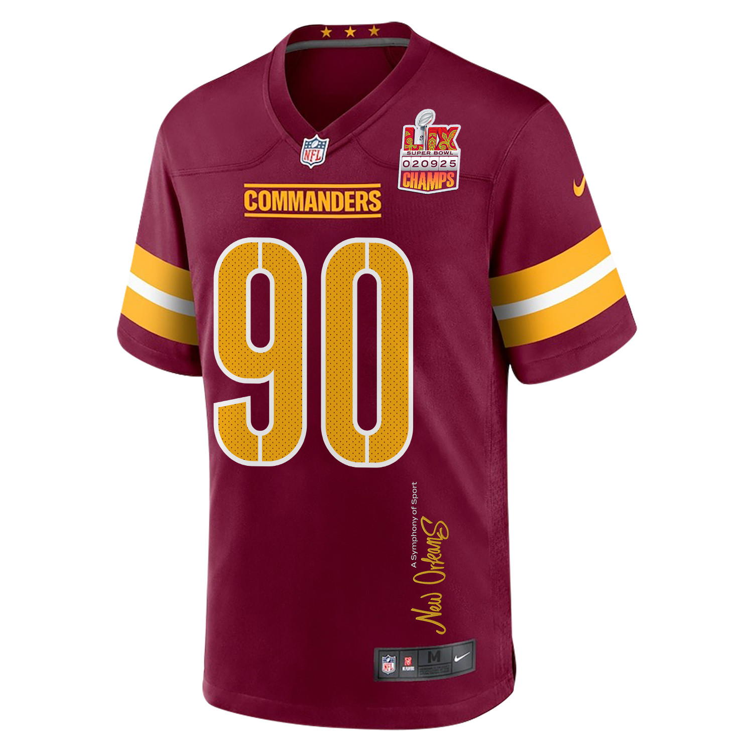 Javontae Jean-Baptiste 90 Washington Commanders Super Bowl LIX Champions Patch 'New Orleans - A Symphony of Sport' EMBROIDERED Game Men Jersey - Burgundy JS3036 Saliibo - Image 3