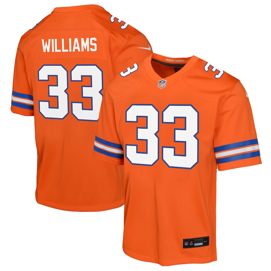 Javonte Williams 33 Denver Broncos Mile High Collection 1977 Throwback Game YOUTH Jersey - Orange JS7651 Saliibo