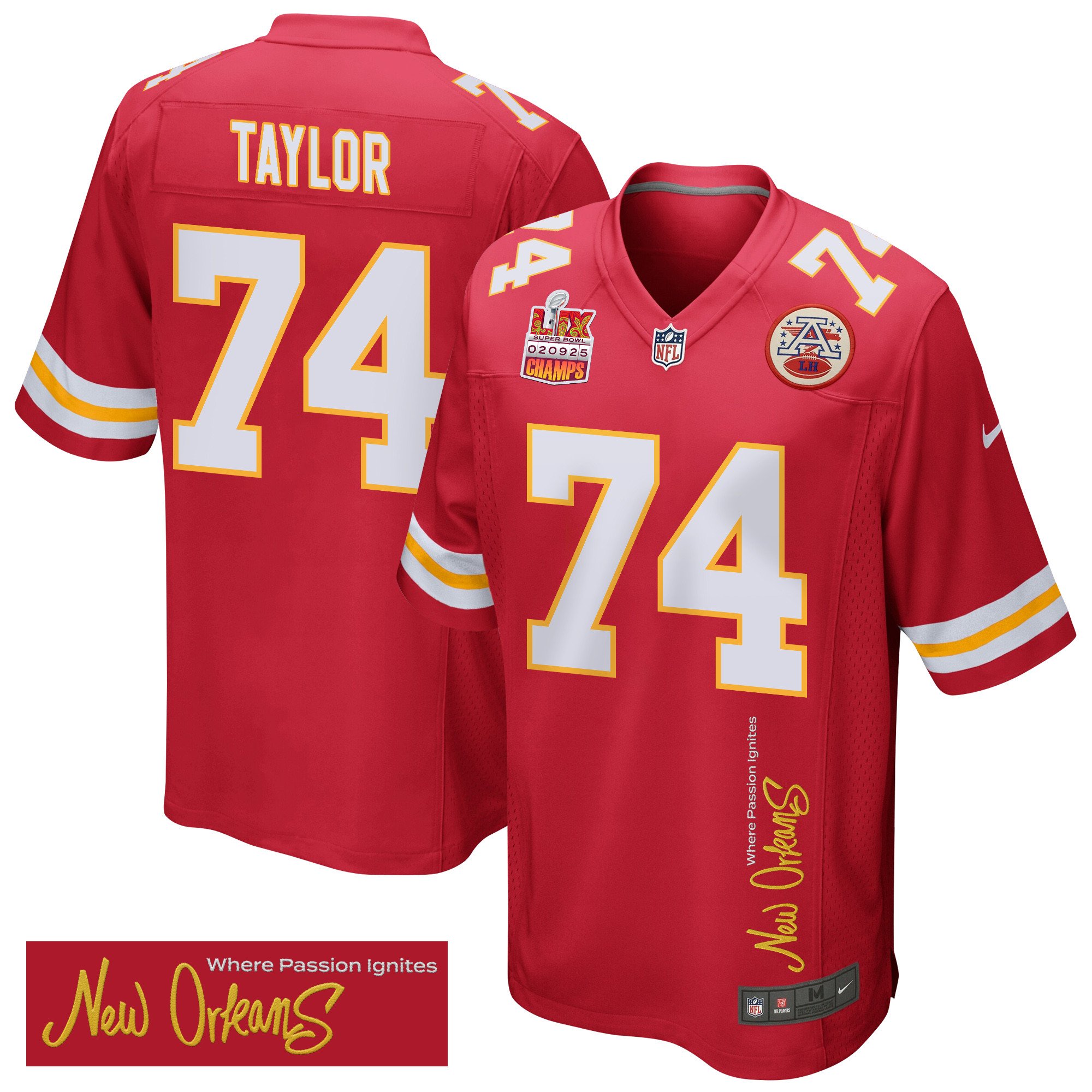Jawaan Taylor 74 Kansas City Chiefs Super Bowl LIX Champions Patch 'New Orleans - Where Passion Ignites' EMBROIDERED Game Men Jersey - Red JS8651 Saliibo