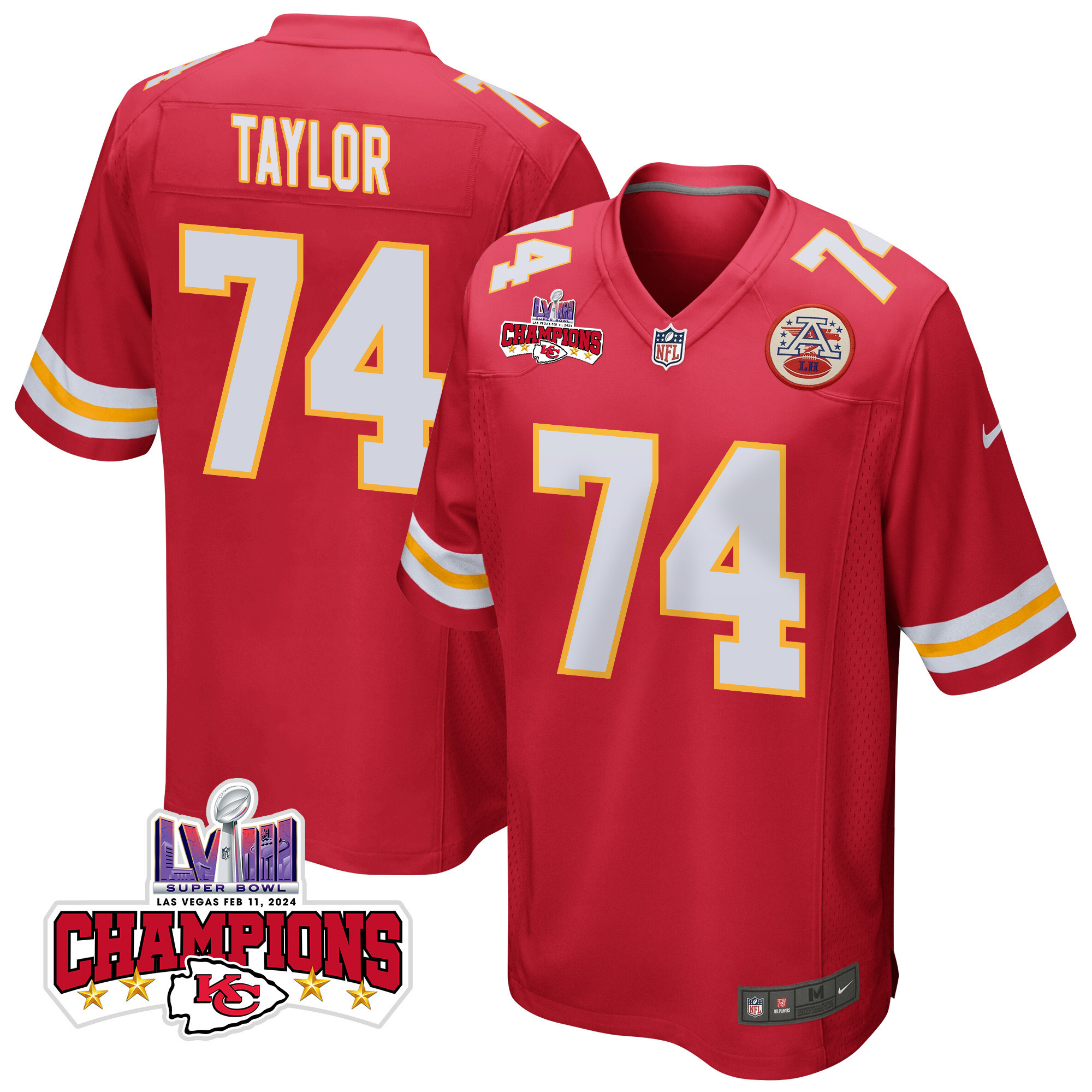 Jawaan Taylor 74 Kansas City Chiefs Super Bowl LVIII Champions 4 Stars Patch Game Men Jersey - Red JS2210 Saliibo
