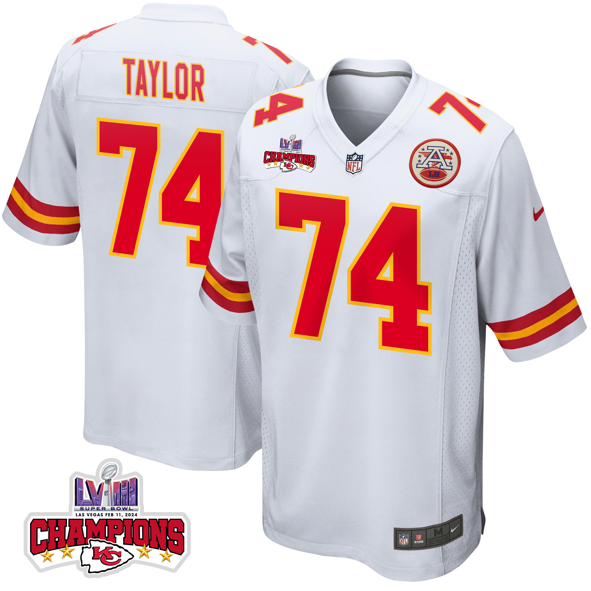 Jawaan Taylor 74 Kansas City Chiefs Super Bowl LVIII Champions 4 Stars Patch Game Men Jersey - White JS8624 Saliibo