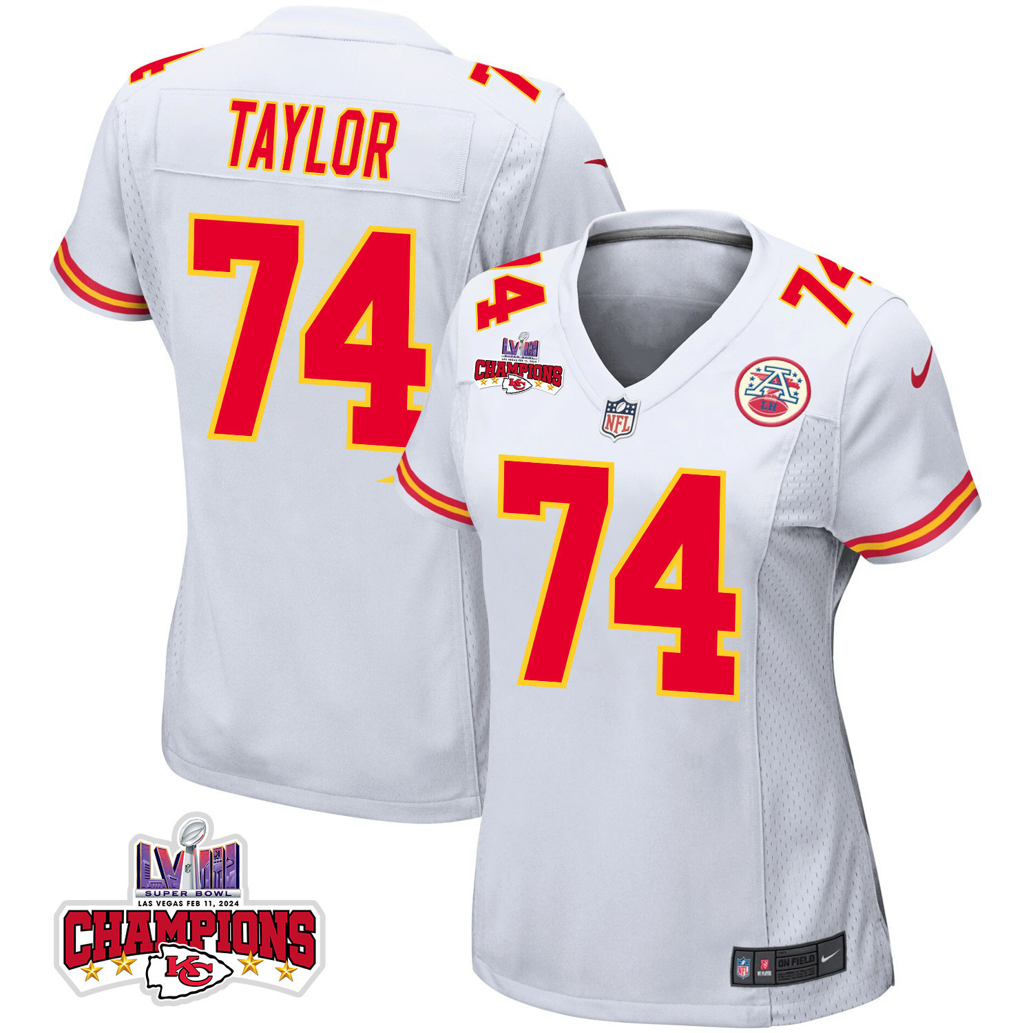 Jawaan Taylor 74 Kansas City Chiefs Super Bowl LVIII Champions 4 Stars Patch Game Women Jersey - White JS3569 Saliibo