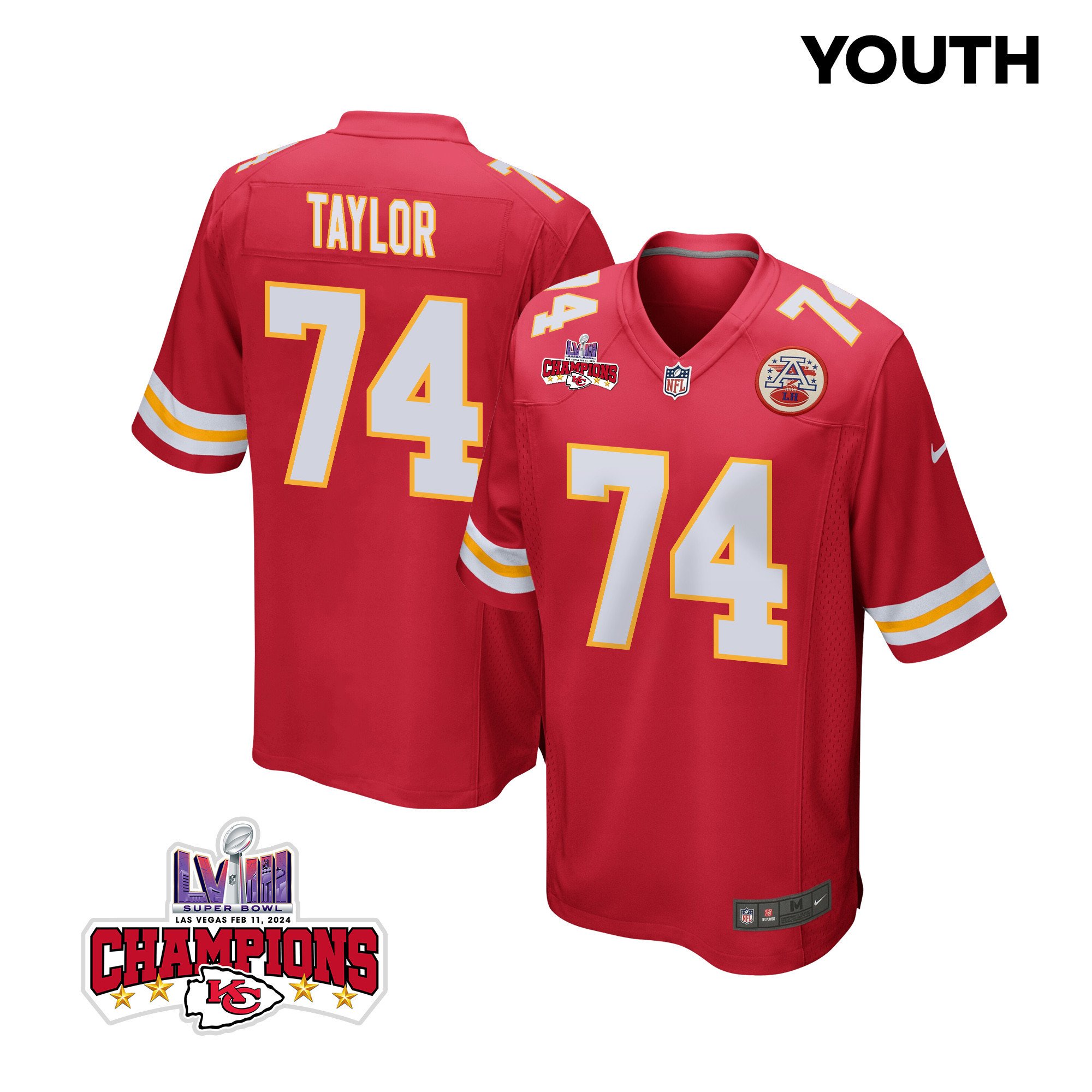 Jawaan Taylor 74 Kansas City Chiefs Super Bowl LVIII Champions 4 Stars Patch Game YOUTH Jersey - Red JS5258 Saliibo